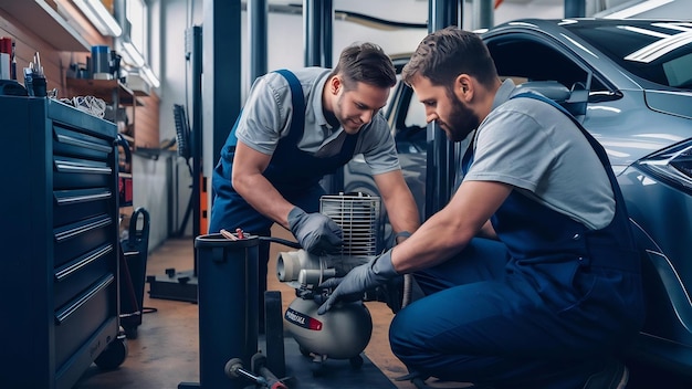 Zdjęcie dwóch mechaników używających kompresora podczas pracy nad systemem klimatyzacji samochodów w warsztacie samochodowym