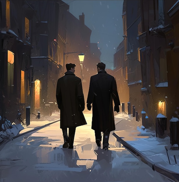 Dwóch mężczyzn idących zaśnieżoną ulicą w śniegu.
