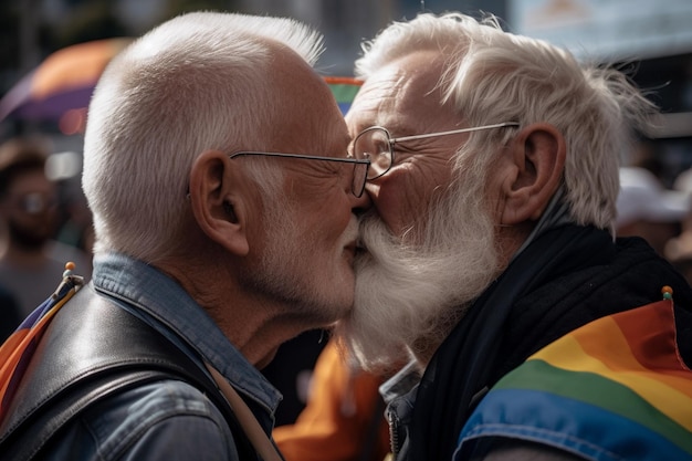 Dwóch mężczyzn po siedemdziesiątce całujących się w usta na tle flagi LGTBI