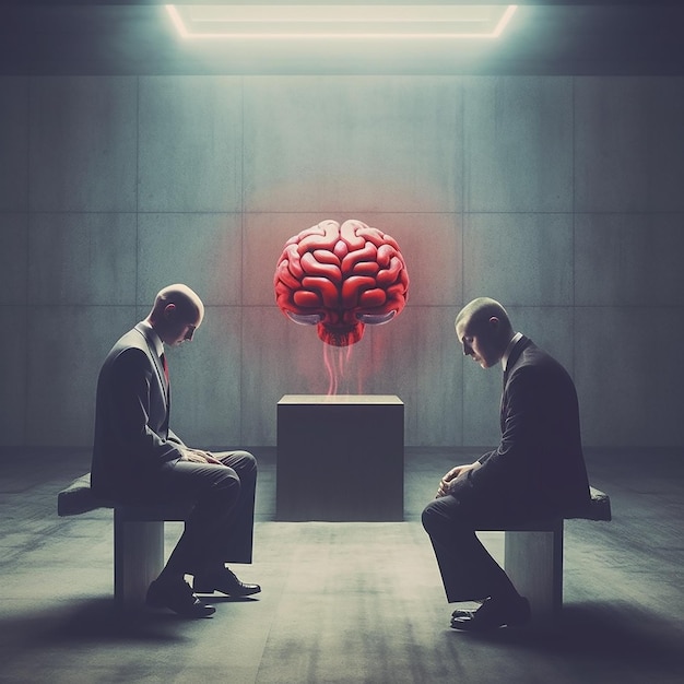 dwóch mężczyzn siedzi na ławce i patrzy na mózg.