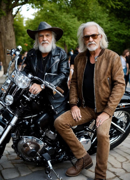 Dwóch mężczyzn siedzi na motocyklu, a jeden ma długą białą brodę.