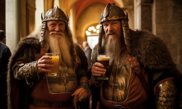 Dwóch mężczyzn siedzi obok siebie, jeden z nich trzyma piwo w dłoni.