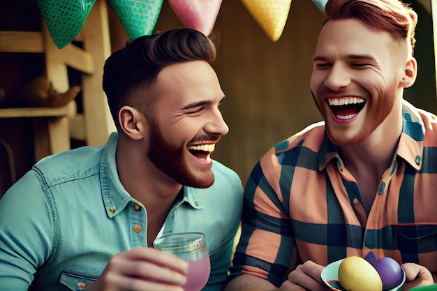 Dwóch mężczyzn śmiejących się przy stole z pisankami