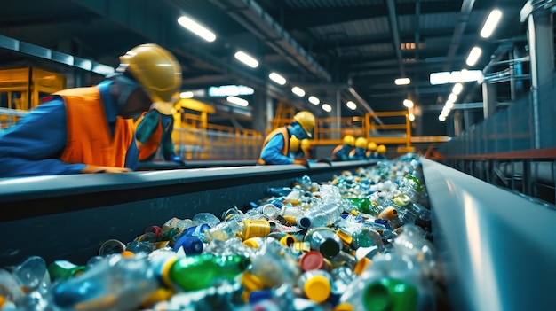 Dwóch mężczyzn sortuje plastikowe butelki w zakładzie przetwarzania śmieci