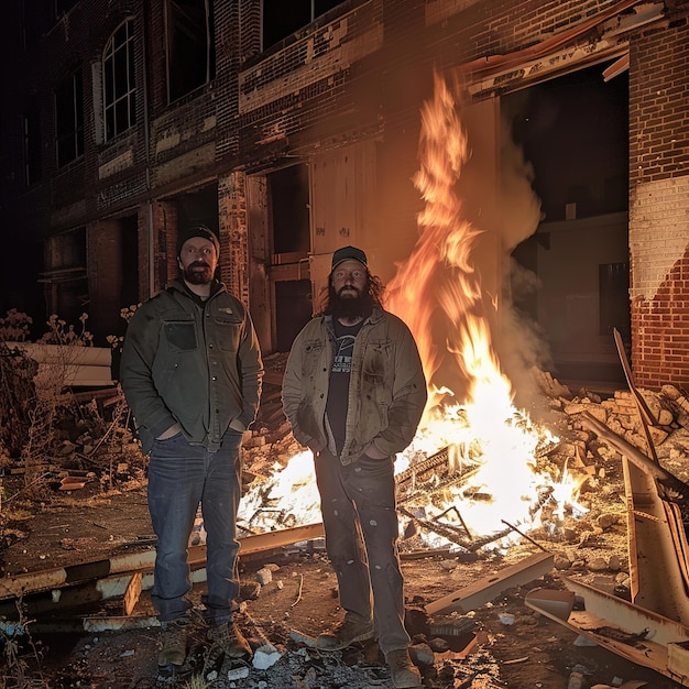 Dwóch mężczyzn stoi przed ogniem, na którym jest słowo "ogień"