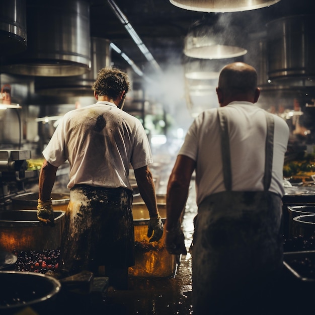 dwóch mężczyzn stoi w kuchni z garnkami i patelniami z napisem „zakaz palenia”.