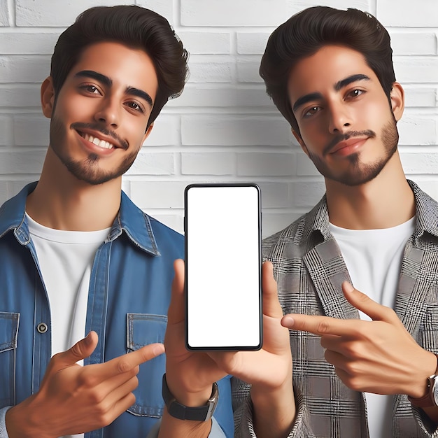 Dwóch mężczyzn trzymających smartfon z obydwoma pokazującymi ten sam