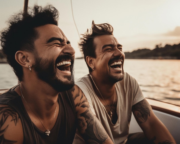 Dwóch mężczyzn uśmiecha się i śmieje na łodzi wygenerowanej grafiki