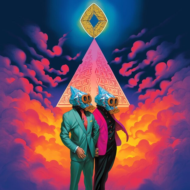 Zdjęcie dwóch mężczyzn w garniturach stoi przed piramidą.