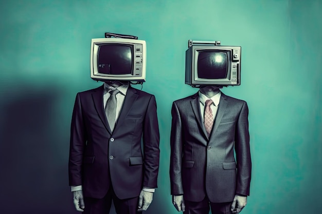 Dwóch mężczyzn w garniturach z głową telewizora jest uderzającym symbolem wpływu mediów na społeczeństwo i ich zdolności do kształtowania myśli i przekonań ludzi Generative AI