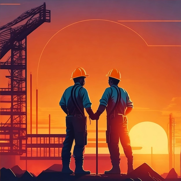 Dwóch mężczyzn w hełmach stoi na szczycie budowy, by świętować Dzień Pracy