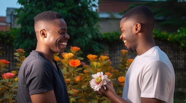 Dwóch mężczyzn w ogrodzie, jeden z nich trzyma kwiat.
