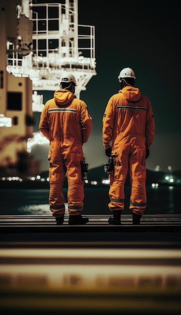 Dwóch mężczyzn w pomarańczowych mundurach stoi na molo przed dużym statkiem.