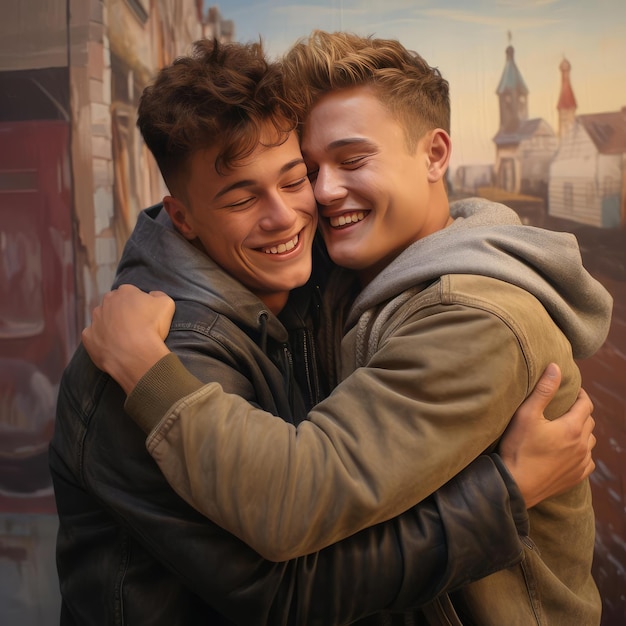 Dwóch młodych mężczyzn przytulających się do siebie