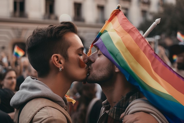 Dwóch młodych mężczyzn w dawaniu i całowaniu się w usta z flagą LGTBI w tle