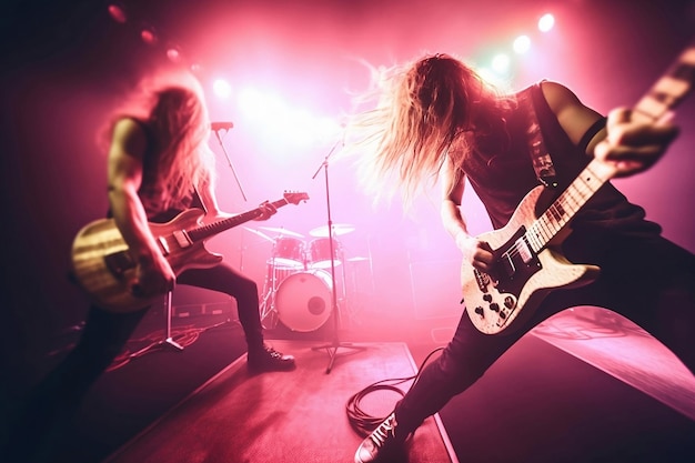 Dwóch muzyków gitarzystów rockowych gra na gitarach elektrycznych na scenie w fioletowym ai generującym światło stroboskopowe