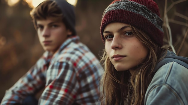 Dwóch nastolatków, chłopiec i dziewczyna, siedzą na skale w lesie, obaj noszą zwykłe ubrania, a dziewczyna nosi czerwoną czapkę.