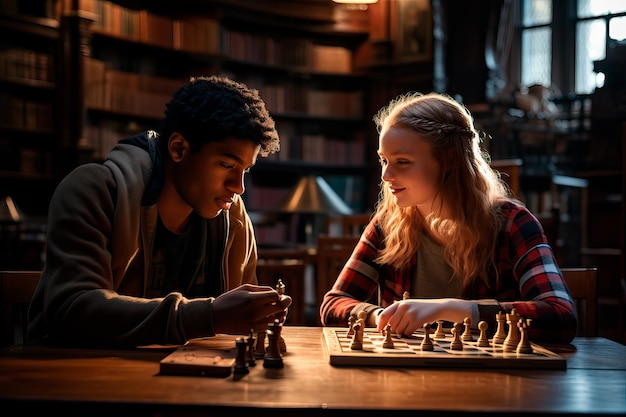 Dwóch nastolatków pochłoniętych partią szachową