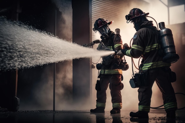 Dwóch odważnych strażaków w kombinezonach przeciwpożarowych na służbie ratowniczej przy użyciu wodnej generacji AI