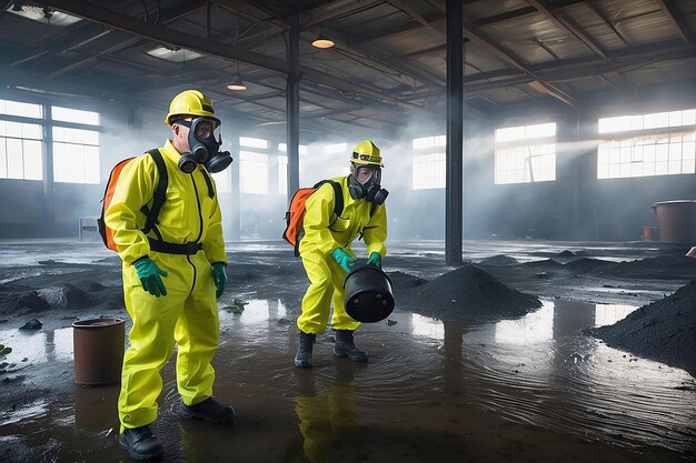 Dwóch oficerów w maskach gazowych zbadało obszar wycieku chemikaliów.