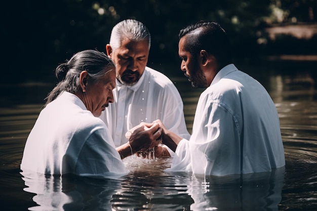 Dwóch pastorów chrzci mężczyznę w imię Chrztu Chrystusa koncepcja religii Generative AixA