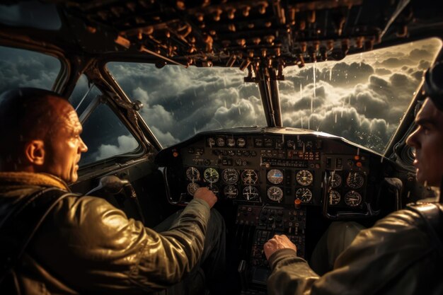 Zdjęcie dwóch pilotów pilotujących samolot widok z wewnątrz kokpitu