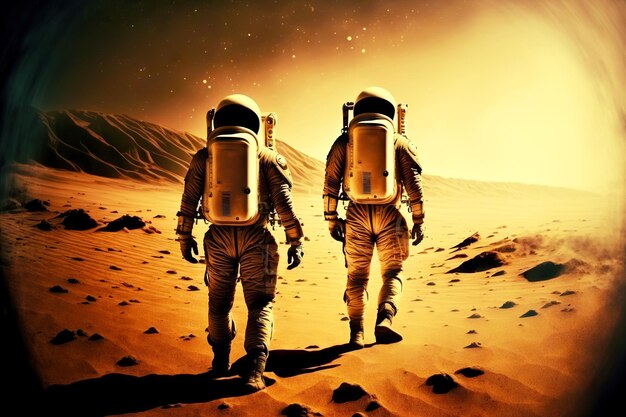 Dwóch pływających astronautów chodzących po planecie na tle rozgwieżdżonego nieba