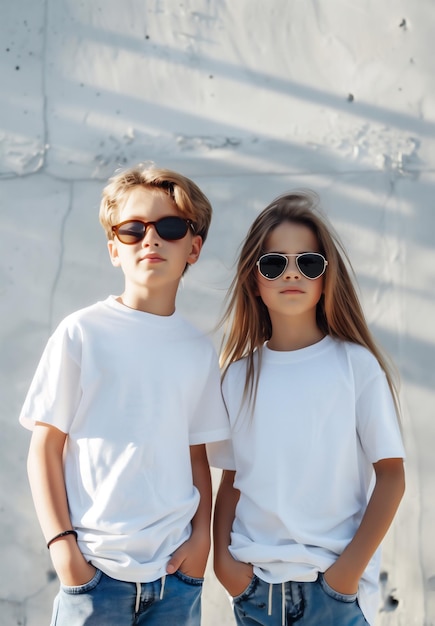 Dwóch poważnych dzieci, nastolatek i dziewczyna w białych koszulkach, dżinsach i okularach przeciwsłonecznych.