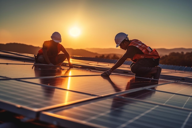 Dwóch pracowników pracuje nad panelami słonecznymi, podczas gdy słońce wschodzi dzięki Generative AI