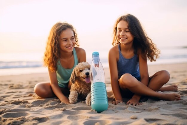 Dwóch przyjaciół na plaży na ekologicznych i zrównoważonych wakacjach