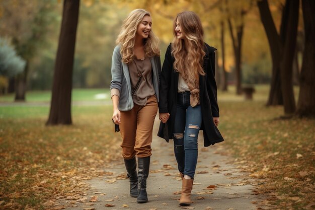 Dwóch przyjaciół spacerujących razem w parku dzielących się chwilami szczęścia.