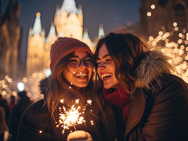 dwóch przyjaciół świętuje nowy rok, bawiąc się płonącym brylantem w rozmytym nocnym mieście