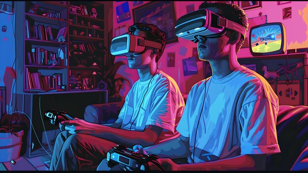 Dwóch przyjaciół w tętniącym życiem pokoju gier cieszy się headsetami wirtualnej rzeczywistości ekscytujące doświadczenie gier neonowo oświetlone przestrzeń technologiczna AI