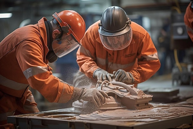 Dwóch robotników w pomarańczowych garniturach bezpieczeństwa pracuje nad kawałkiem metalu.