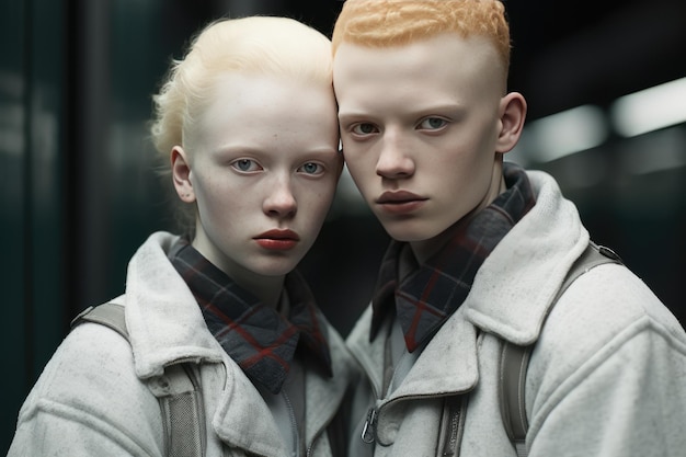 Zdjęcie dwóch smutnych albinosów opierających się o siebie głowami