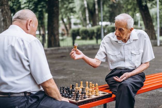 Dwóch starszych mężczyzn gra w szachy na ławce na świeżym powietrzu w parku