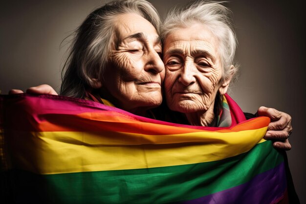 Dwóch starszych przyjaciół LGBTQ duma flaga studio portret na szarym tle