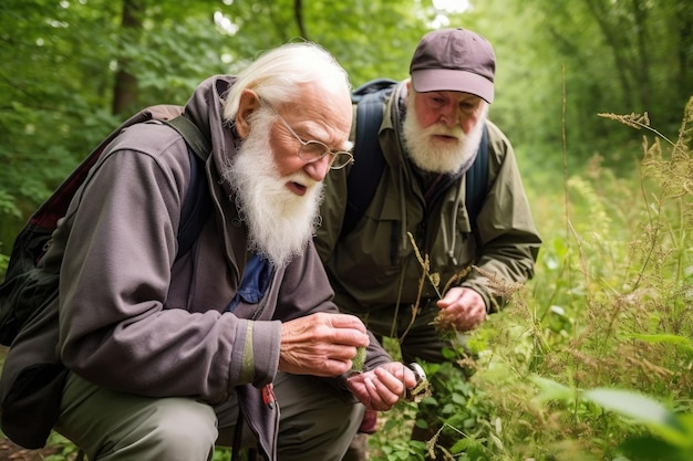 Dwóch starszych przyjaciół wspólnie uprawia geocaching na łonie natury stworzonych za pomocą generatywnej sztucznej inteligencji