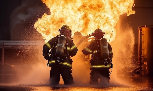 Dwóch strażaków w sprzęcie przeciwpożarowym stoi przed kulą ognia.