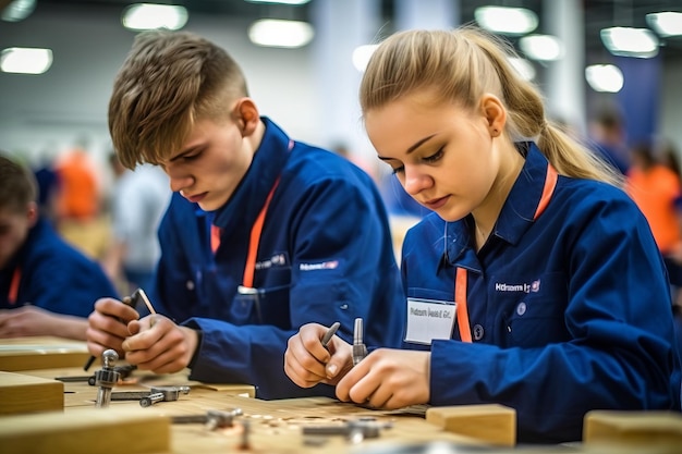 Zdjęcie dwóch studentów pracujących na kawałku drewna