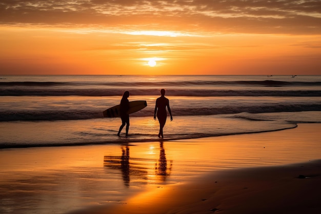 Dwóch surferów spaceruje po plaży o zachodzie słońca