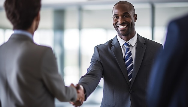 Dwóch szczęśliwych dojrzałych biznesmenów uścisk dłoni w biurze Udane African American biznesmen dla