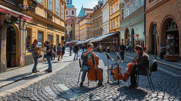 Zdjęcie dwóch ulicznych muzyków grających na wiolonczeli na brukowanej ulicy w pradze z ludźmi przechodzącymi i gitarzystą w tle