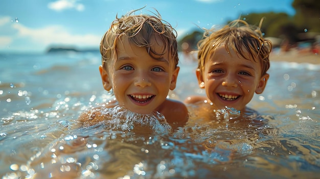 Zdjęcie dwóch uroczych chłopców bawiących się w wodzie na plaży.