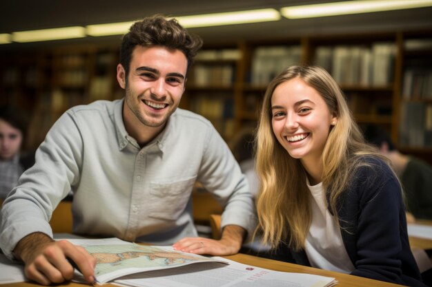 Dwóch uśmiechniętych młodych ludzi siedzących w bibliotece