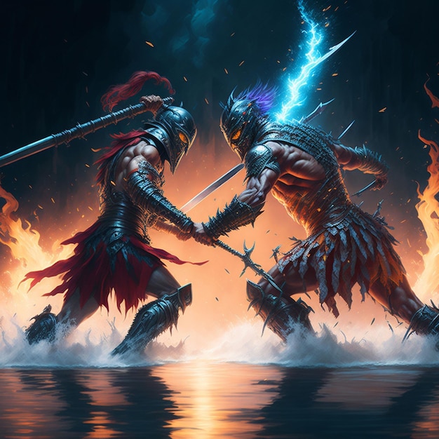 Dwóch wojowników toczy zaciekłą bitwę, zderzają się ich miecze i lecą iskry