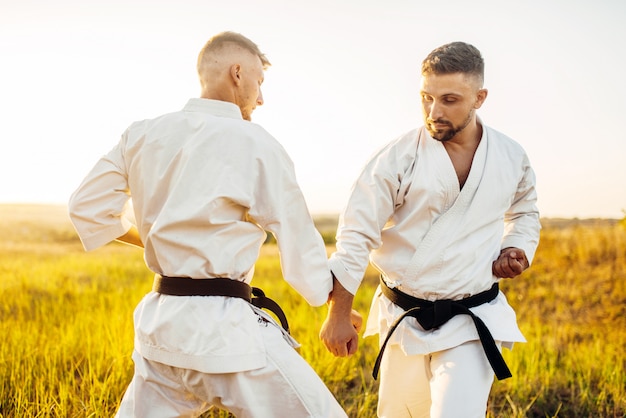 Dwóch zawodników karate na treningu w terenie