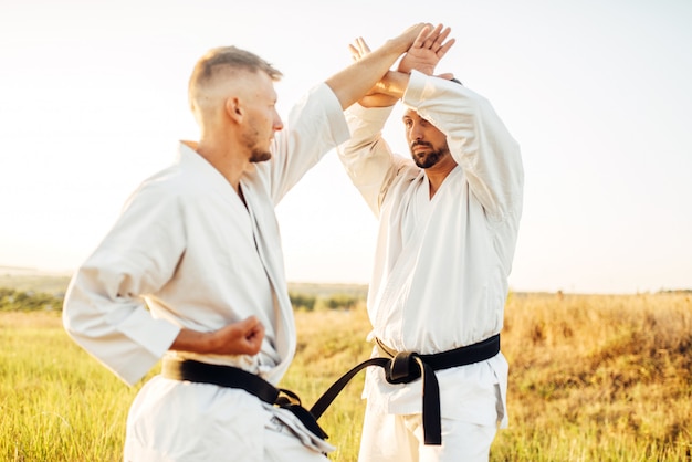 Dwóch zawodników karate z czarnymi pasami na treningowej walce w polu letnim. Zawodnicy sztuk walki na treningu w plenerze, ćwiczenie techniki