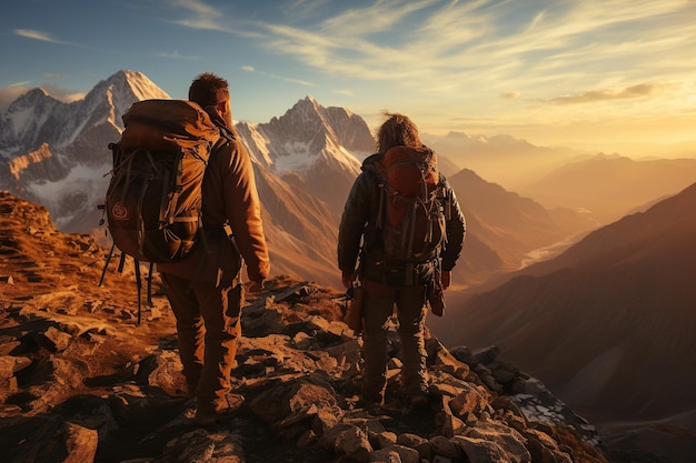 Zdjęcie dwóch zdeterminowanych alpinistów stojących w dobrze przygotowanym obozie bazowym otoczonych nierównym i trudnym terenem