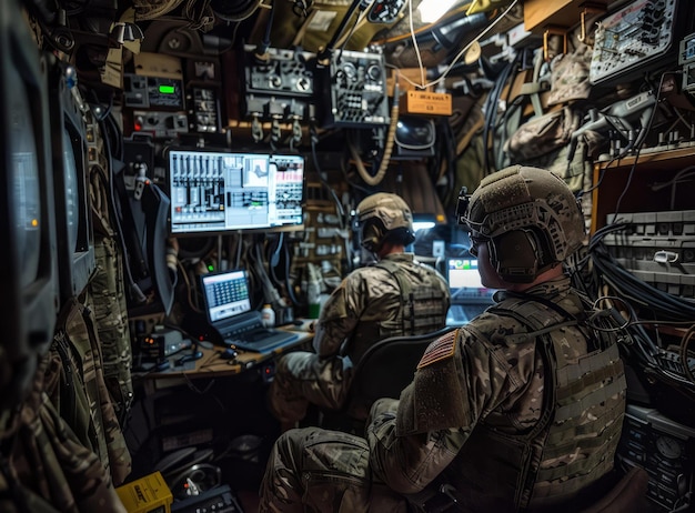 Zdjęcie dwóch żołnierzy pracuje przy stacji komputerowej w samochodzie wojskowym